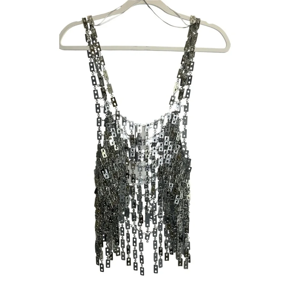 NEW FLAWED GEM Zara Silver Rectangular Mirror Metallic Round Neck Tank Top NYE M - Picture 3 of 7